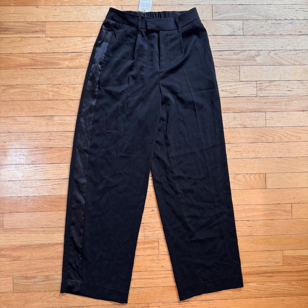 A New Day Black Tuxedo Wide Leg Pants Satin Stripe Elastic Waist 2